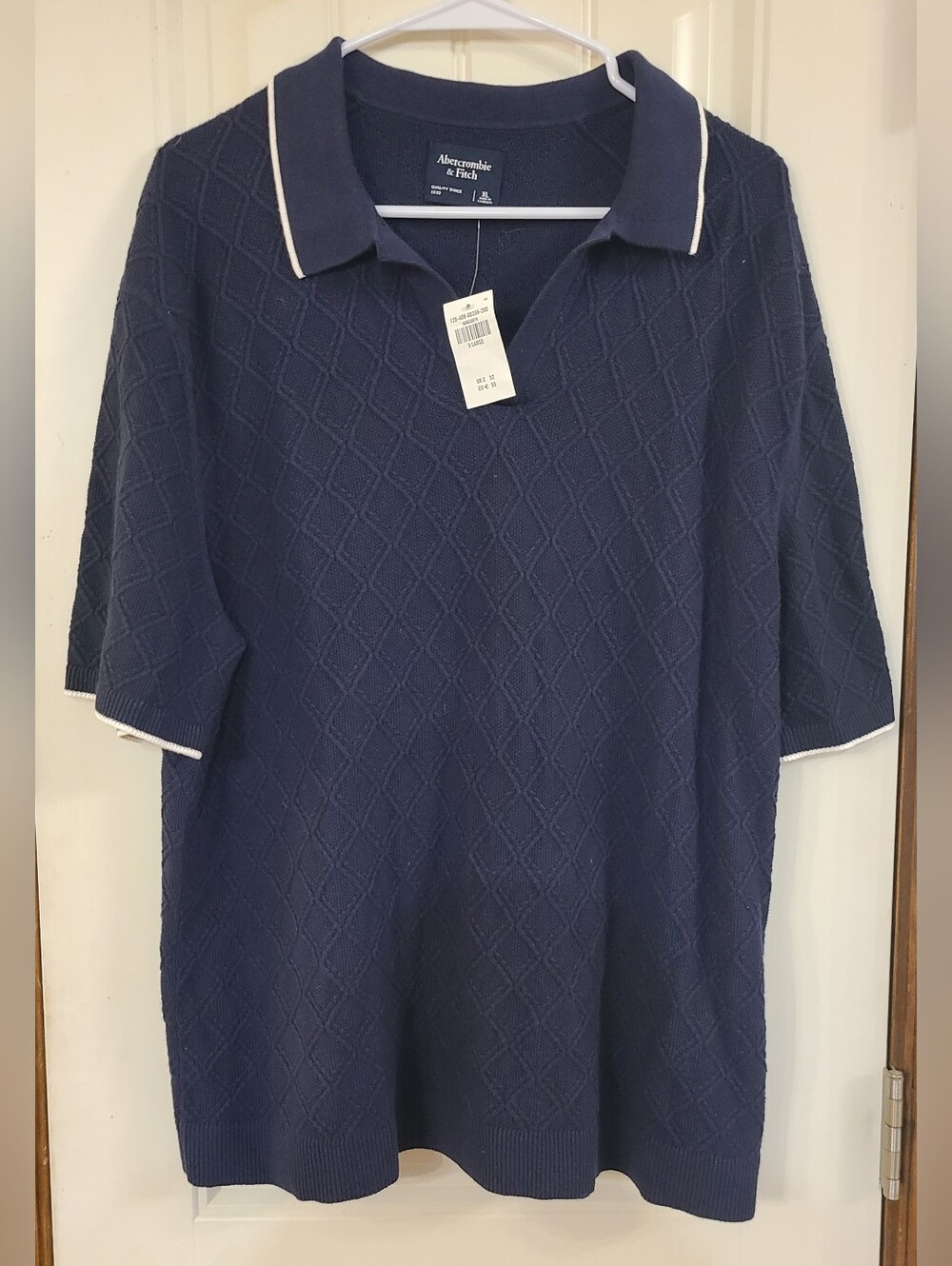 Abercrombie & Fitch Navy Short-Sleeve Diamond Knit Polo with White Trim Size XL